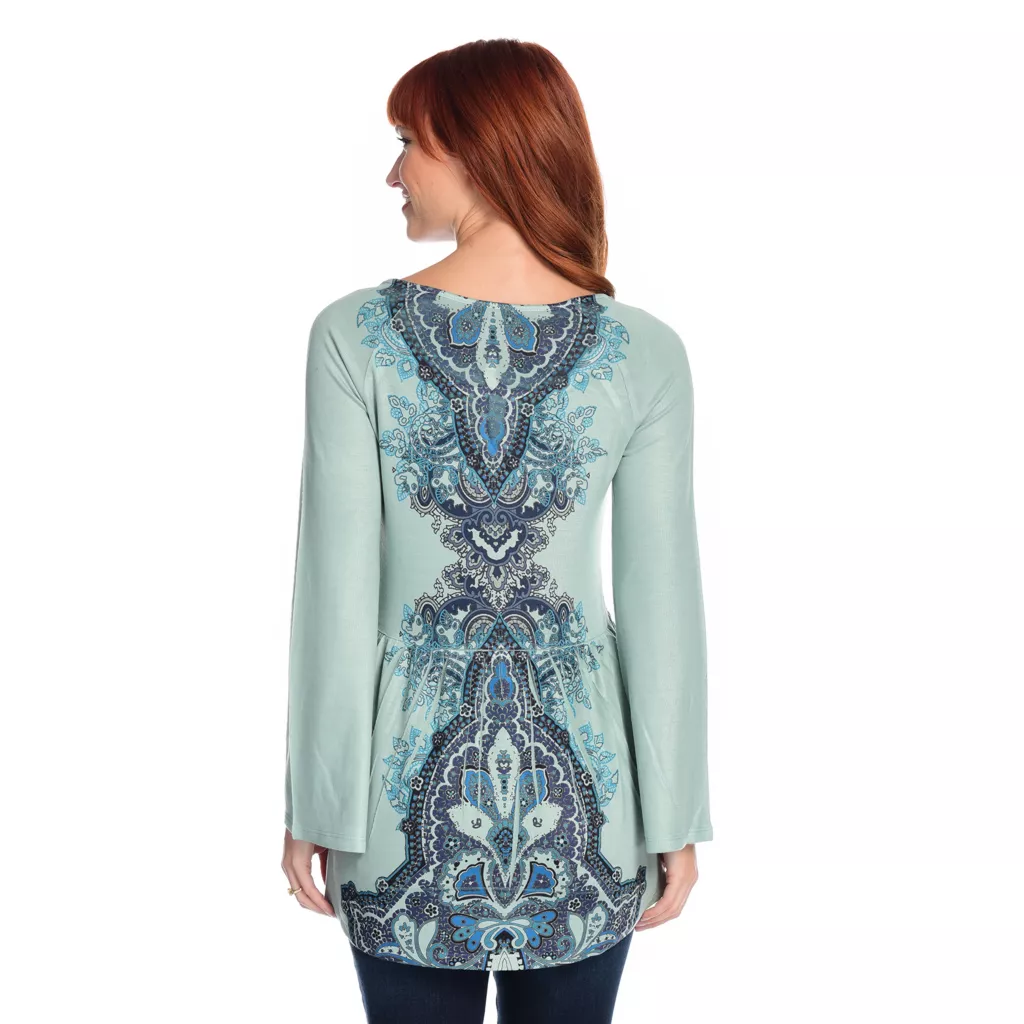 One World Printed Knit Bell Sleeve Embellished Tie-Neck Top - Image 2