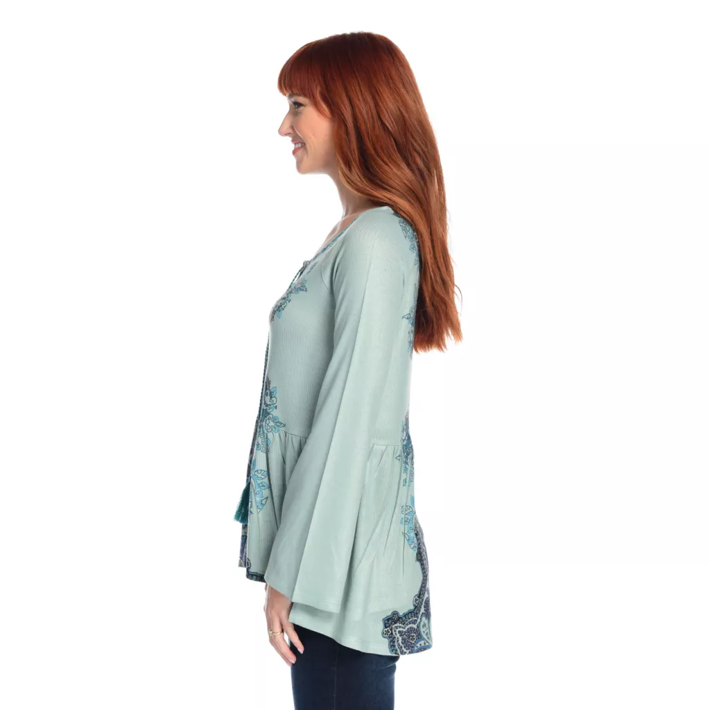 One World Printed Knit Bell Sleeve Embellished Tie-Neck Top - Image 3