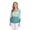 One World Printed Knit 3/4 Sleeve Rounded Hem Keyhole Top