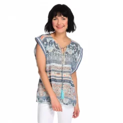 One World Printed Chiffon Sequined Notch Neck Top W/ Knit Camisole
