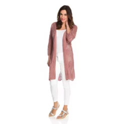 One World Pointelle Knit 3/4 Sleeve Scalloped Hem Cardigan