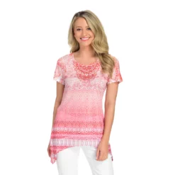 One World Printed Knit & Mesh Short Sleeve Embellished Sharkbite Top