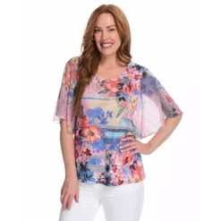 One World Printed Chiffon Flutter Sleeve Embellished Scoop Neck Top