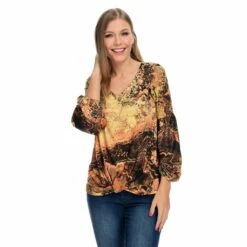 One World Knit & Woven Lantern Sleeve Faux Wrap Top