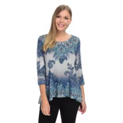 One World Printed Hacci Knit Long Sleeve Bustle Back Scoop Neck Sweater