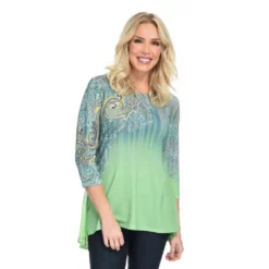 One WorldPrinted Knit3/4 SleeveBustle BackHi-Lo Top