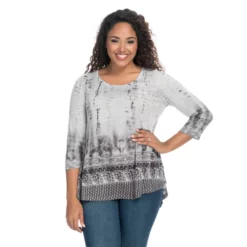 One World Printed Sweater Knit 3/4 Sleeve Beaded Neck Hi-Lo Top