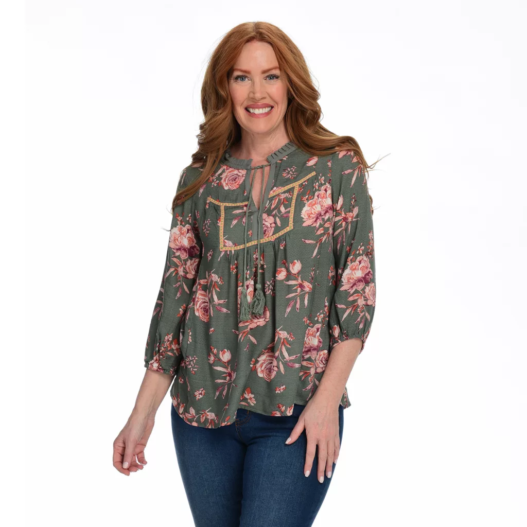 Farmers Marketby One WorldFloral Printed 3/4 Sleeve Bib Tassel Top - Image 2