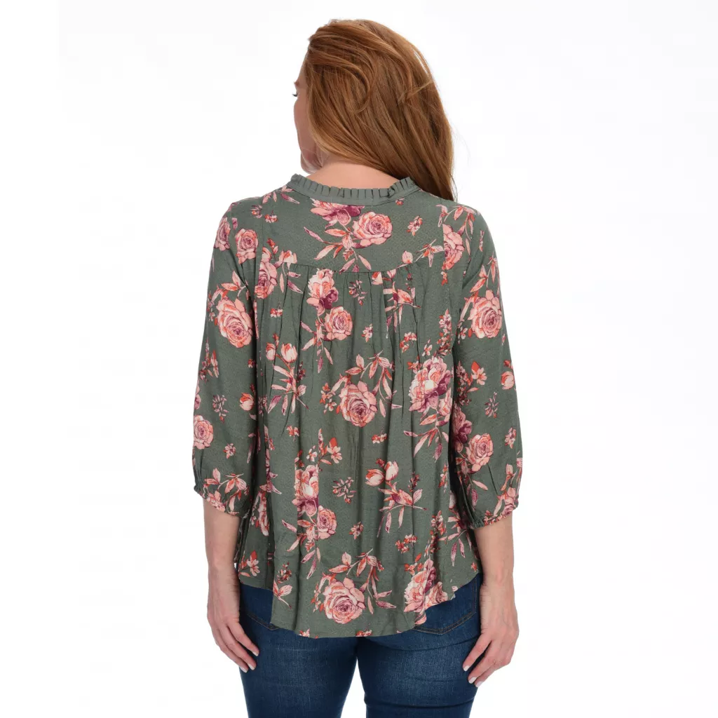 Farmers Marketby One WorldFloral Printed 3/4 Sleeve Bib Tassel Top - Image 3