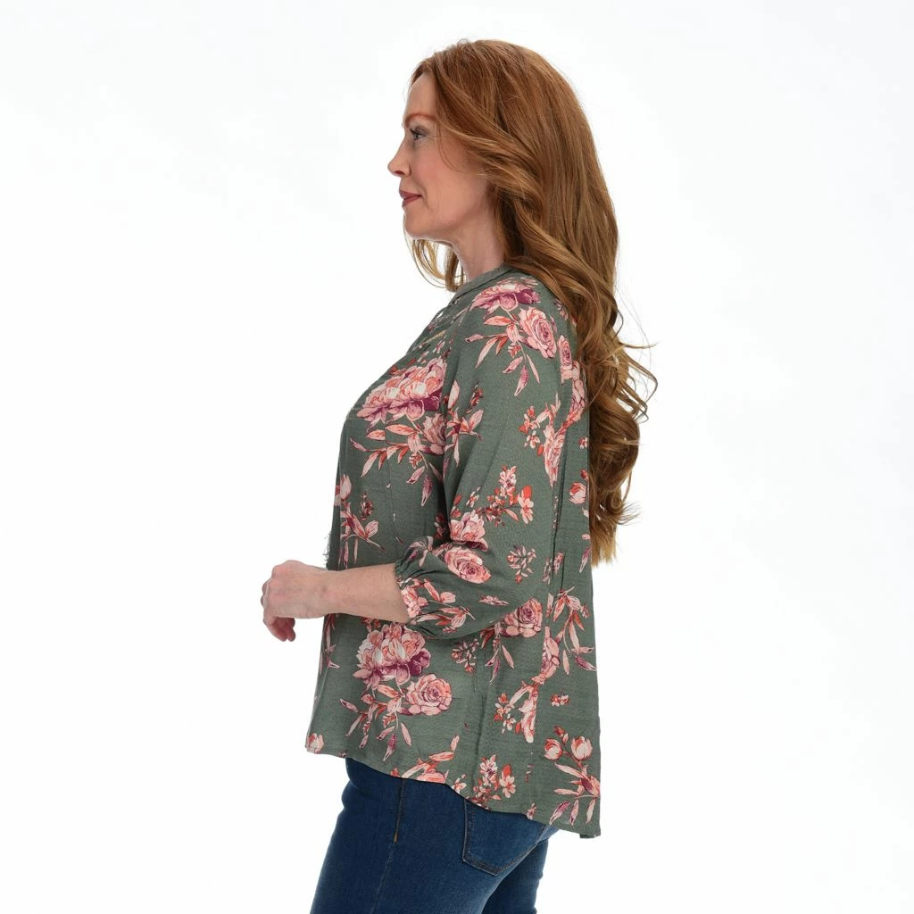 Farmers Marketby One WorldFloral Printed 3/4 Sleeve Bib Tassel Top - Image 4