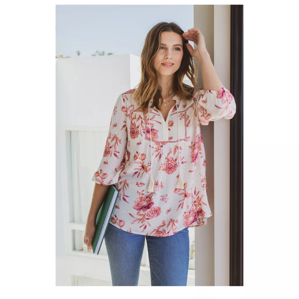 Farmers Marketby One WorldFloral Printed 3/4 Sleeve Bib Tassel Top - Image 5