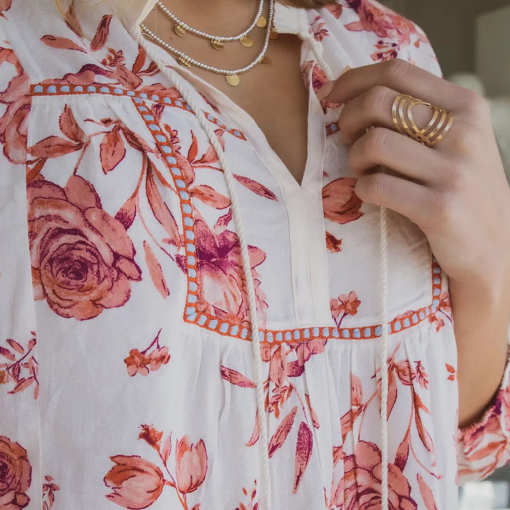 Farmers Marketby One WorldFloral Printed 3/4 Sleeve Bib Tassel Top - Image 6