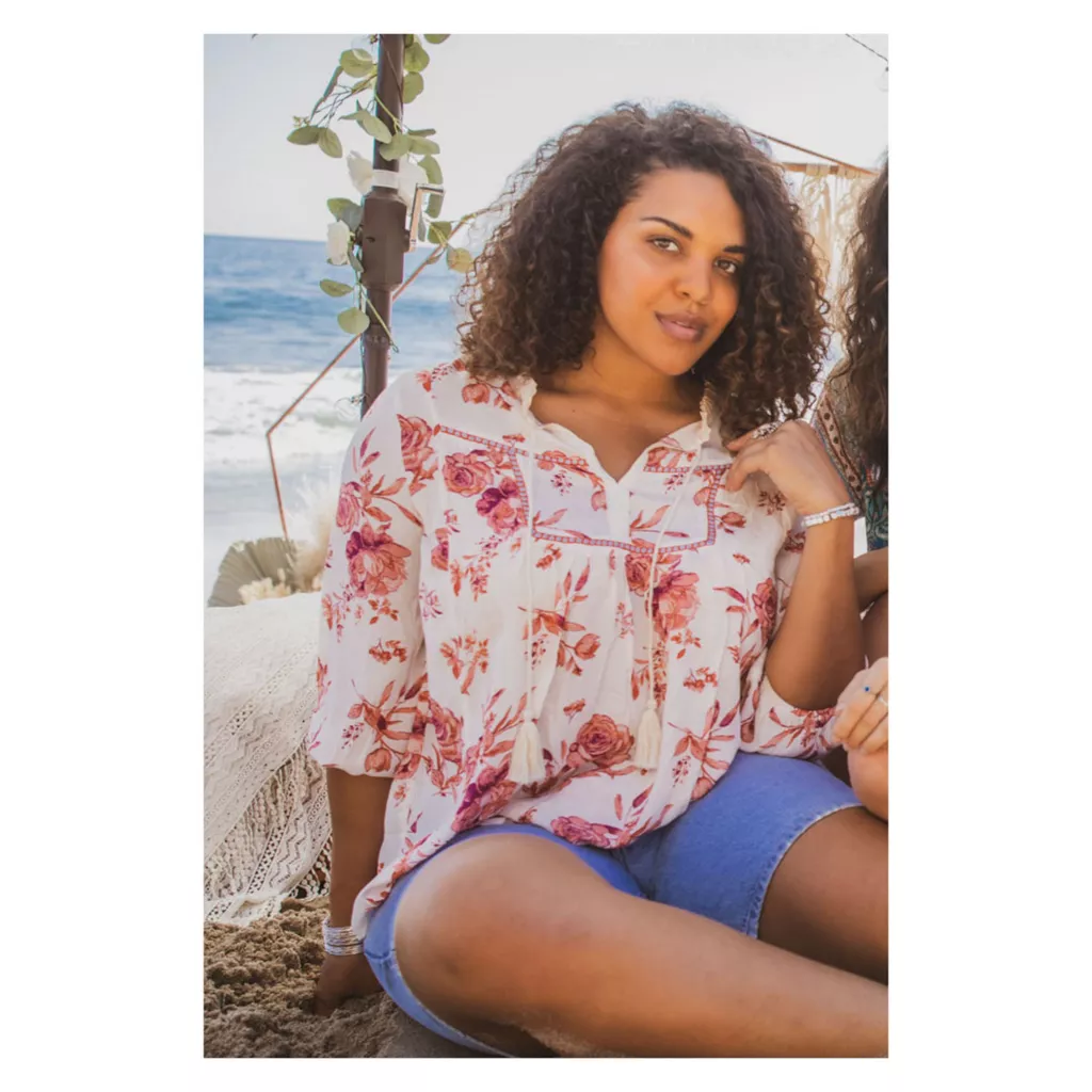 Farmers Marketby One WorldFloral Printed 3/4 Sleeve Bib Tassel Top - Image 7