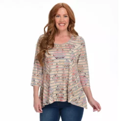 One WorldStripe Printed 3/4 Sleeve Scoop NeckSharkbite Tunic