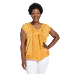 One WorldOil WashedCap SleeveV-Neck Lace Detailed Top