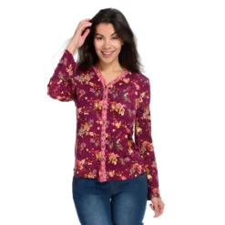 Farmers Market By One World Long Tab Sleeve V-Neck Print Button Top