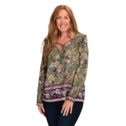 Farmers Marketby One WorldPrinted V-Neck Smocked Sleeve Tassel Blouse