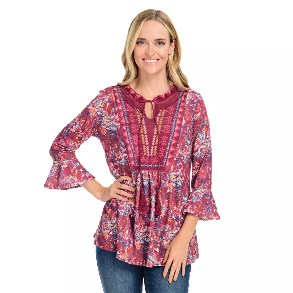 Farmers Marketby One World Printed Knit Velvet Bib Bell Sleeve Top - Image 2