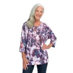 3/4 Sleeve Dolman Printed V-Neck Knit Top