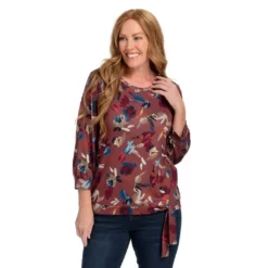 3/4 BlousonSleeve PrintedTie Hem KnitTop