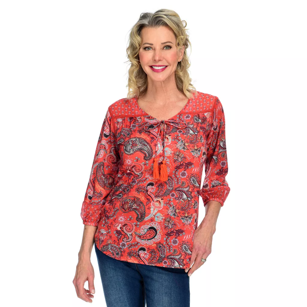 Farmers Marketby One WorldMixed Print Knit Tassel Detailed Blouse