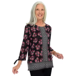 3/4 Tie Sleeve Border Print Top