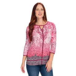 One World Printed Knit 3/4 SleeveKeyhole Tunic