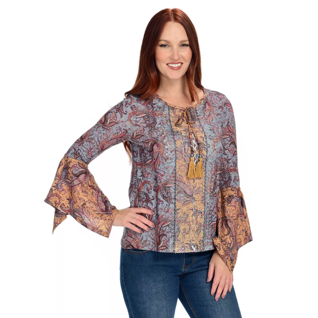 Farmers Marketby One WorldMixed Print Knit Bell SleeveTassel Blouse