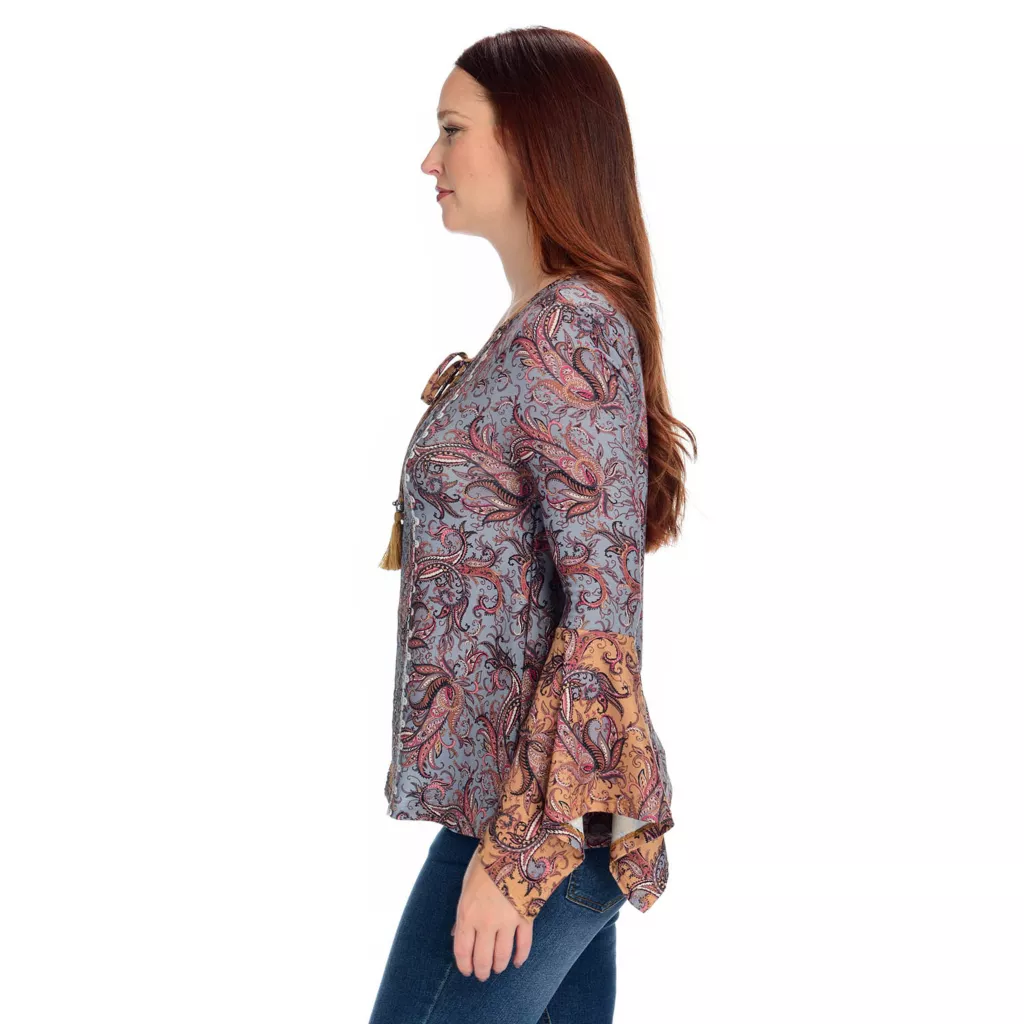 Farmers Marketby One WorldMixed Print Knit Bell SleeveTassel Blouse - Image 3