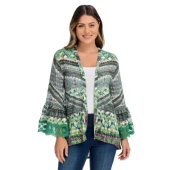 One World Mixed Print Pointelle Knit Bell SleeveHi-Lo Cardigan