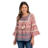Farmers Market By One World Woven Ruffle Sleeve Tassel Neck Top