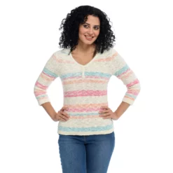 Textured V Neck 3/4 Sleeve Sweater
