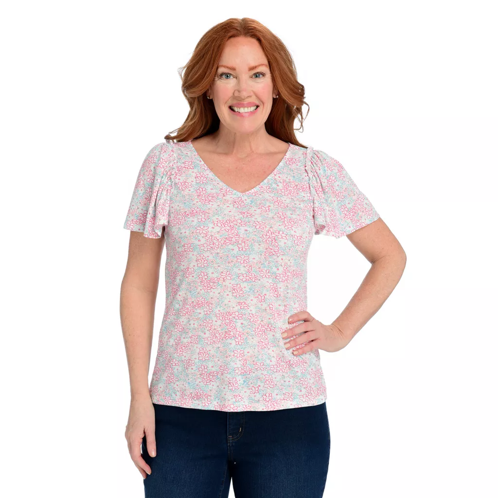 Rib Knit Flutter Sleeve V-Neck Tee - Image 4