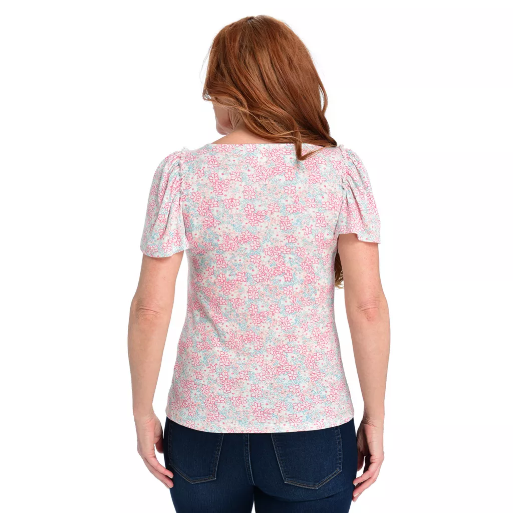 Rib Knit Flutter Sleeve V-Neck Tee - Image 6