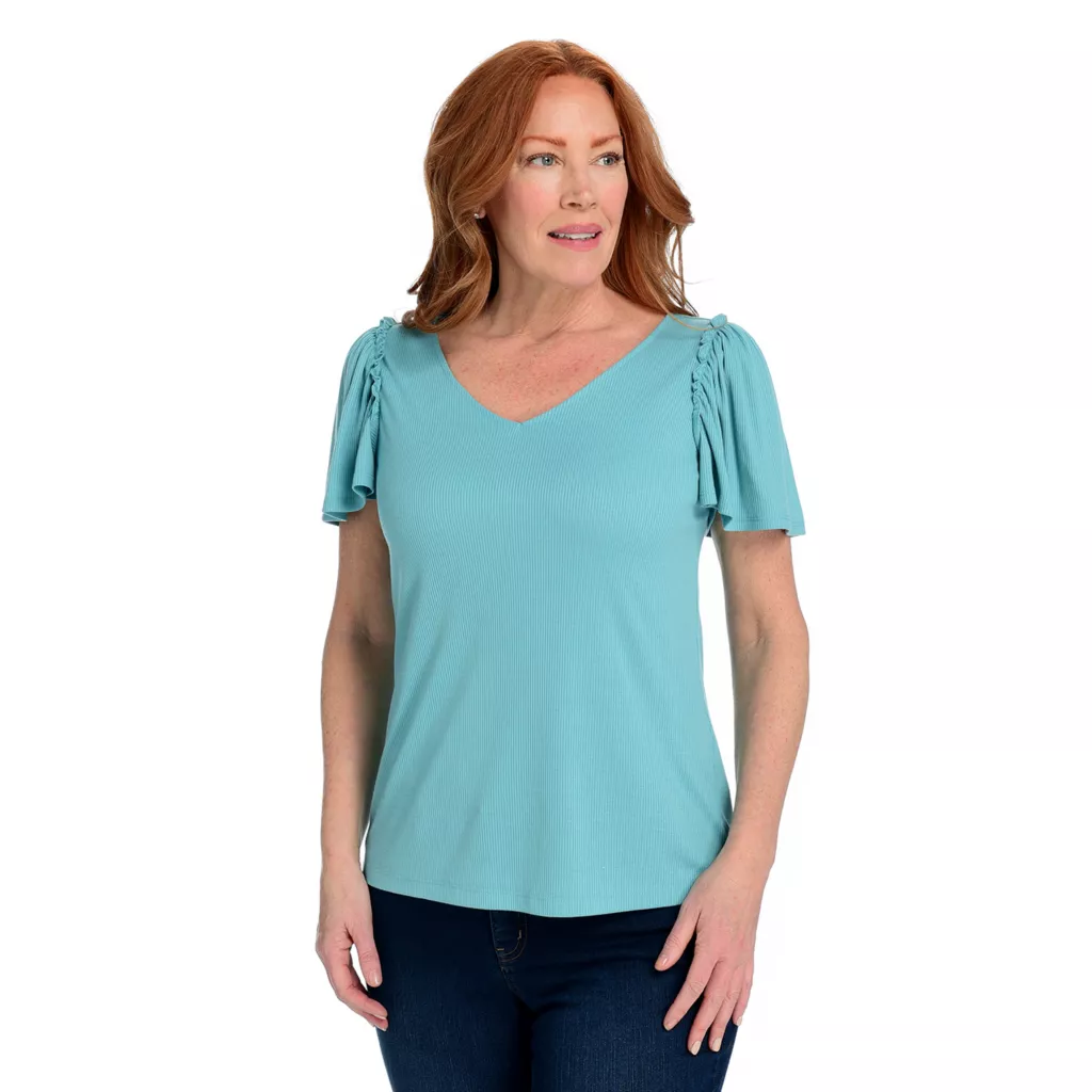 Rib Knit Flutter Sleeve V-Neck Tee - Image 3