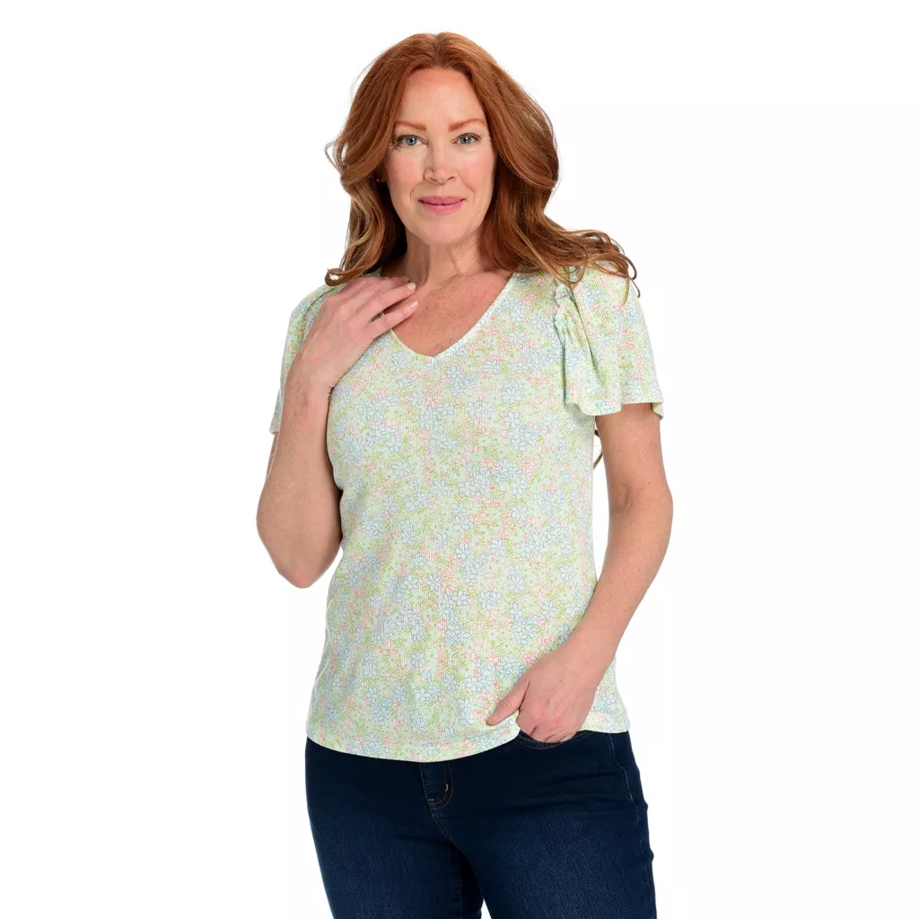 Rib Knit Flutter Sleeve V-Neck Tee - Image 2