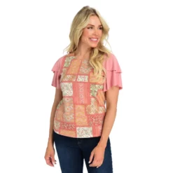 Patchwork PrintFlutter SleeveCrew NeckTop