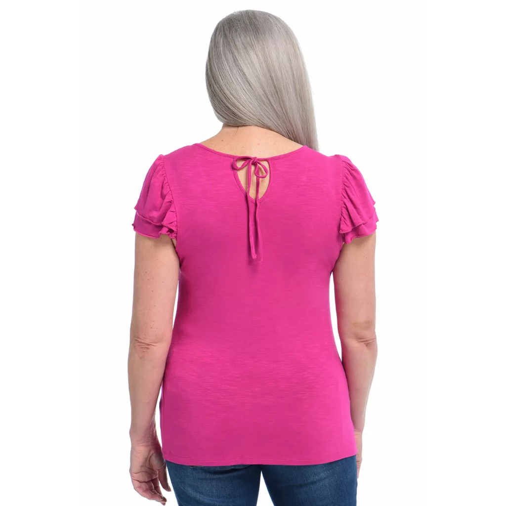 Tie Back Flutter Sleeve Jewel Neck Top - Image 3