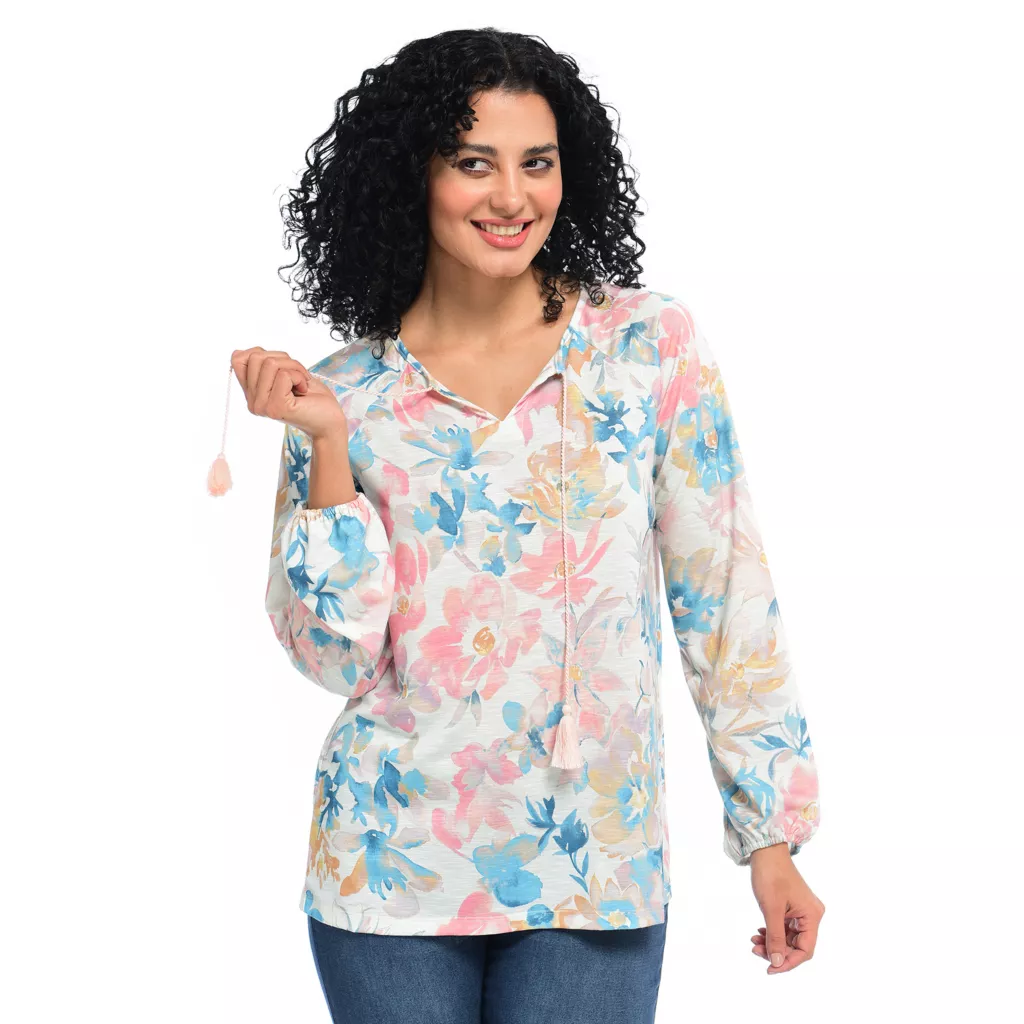 Printed Long Sleeve Tie Neck Top