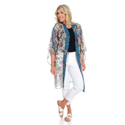 Mixed BorderPrint Long Kimono