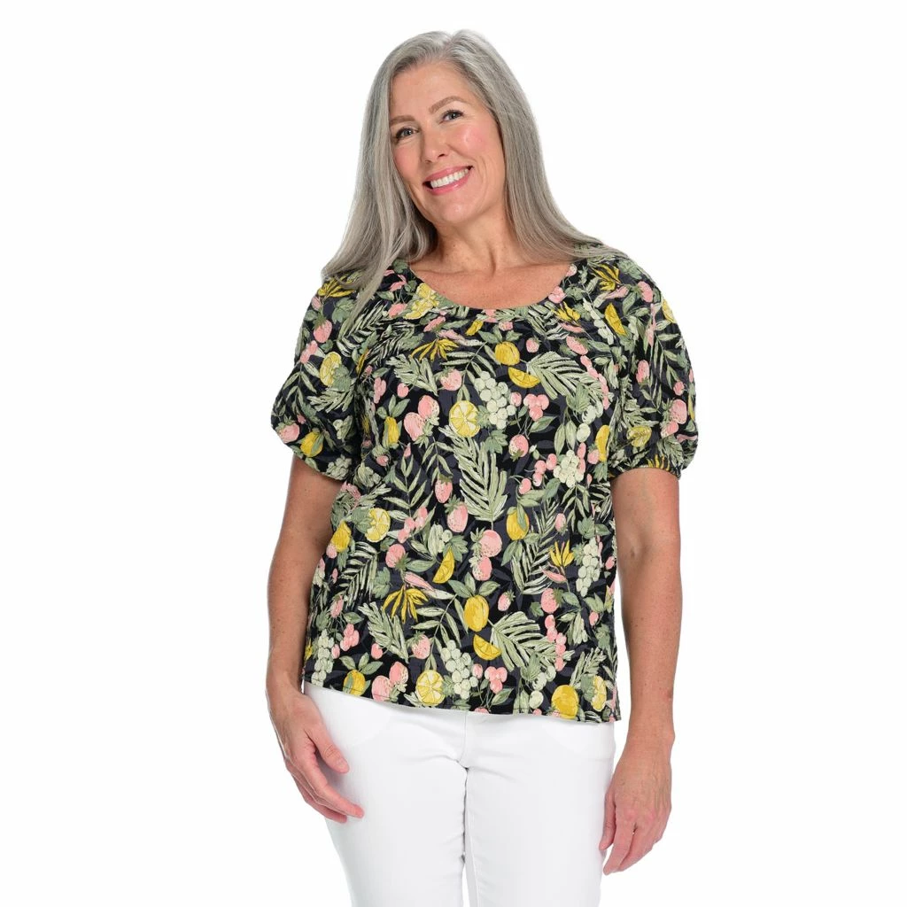 Printed Puff Sleeve Round Neck Top - Image 2