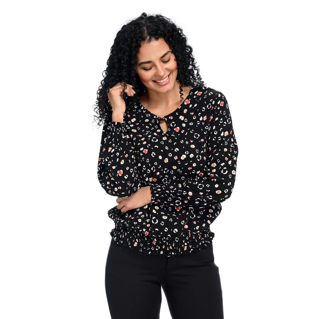 PrintedSmocked WaistJewel Neck Blouse