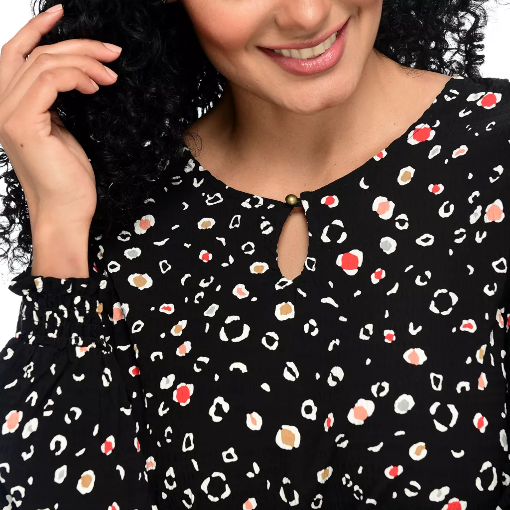 PrintedSmocked WaistJewel Neck Blouse - Image 4