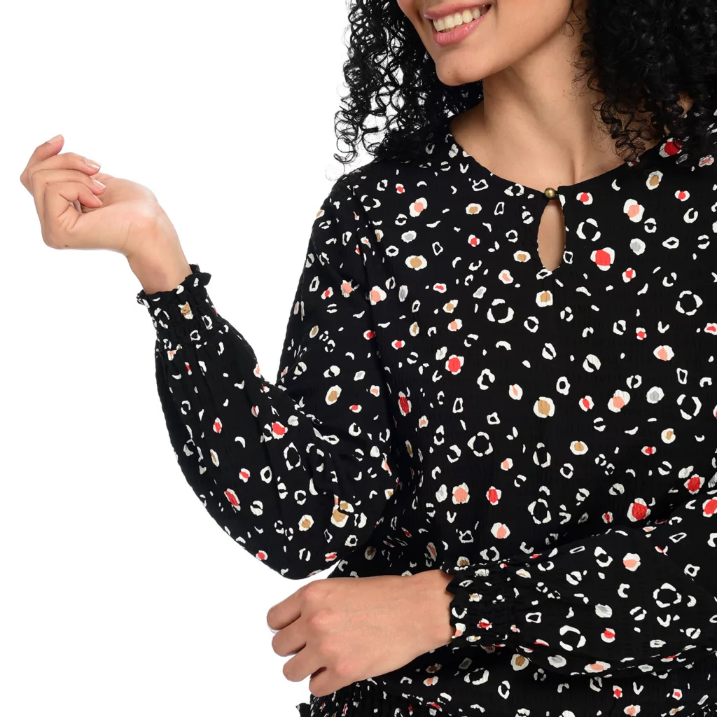 PrintedSmocked WaistJewel Neck Blouse - Image 5