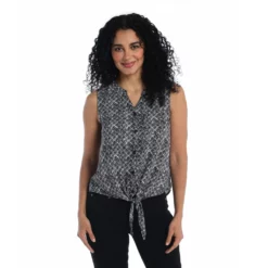 Button FrontTie WaistSplit Neck Blouse