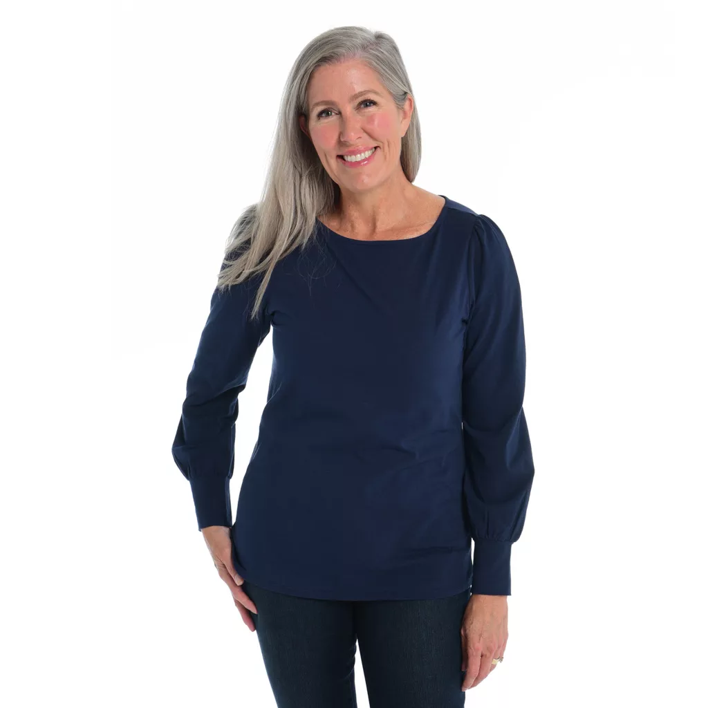 Cotton JerseyGathered Sleeve Boatneck Tee